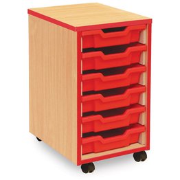 6 Shallow Mobile Tray Unit with Red Edging - Beech