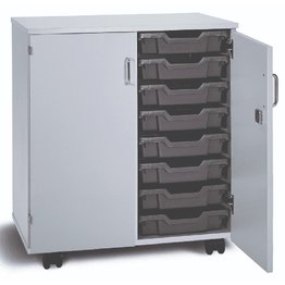 16 Shallow Mobile Tray Unit with Doors - Grey