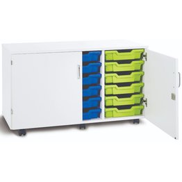 18 Shallow Mobile Tray Unit with Doors - White