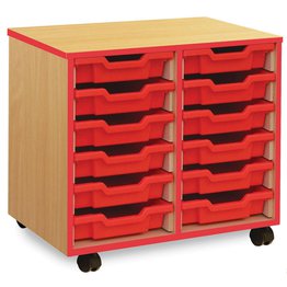 12 Shallow Mobile Tray Unit with Red Edging - Beech