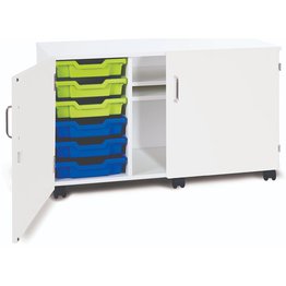 6 Shallow Mobile Tray Unit with Shelves & Doors - White