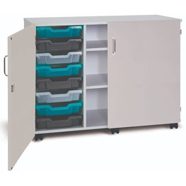 8 Shallow Mobile Tray Unit with 2 Shelves & Doors - Grey