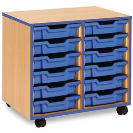 12 Shallow Mobile Tray Unit with Blue Edging - Maple