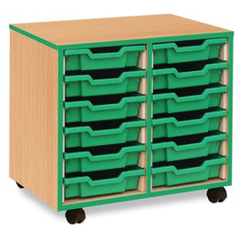 12 Shallow Mobile Tray Unit with Green Edging - Beech